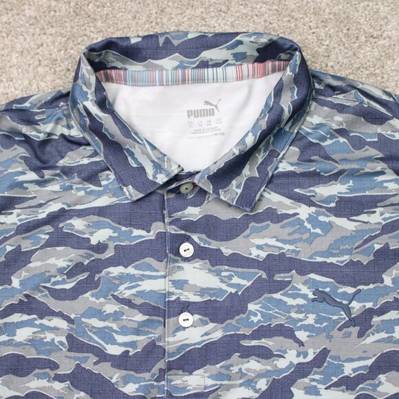 Puma Volition Polo Shirt Mens XL Blue Camo Short Sleeve Golf Stretch Pullover - Picture 6 of 15